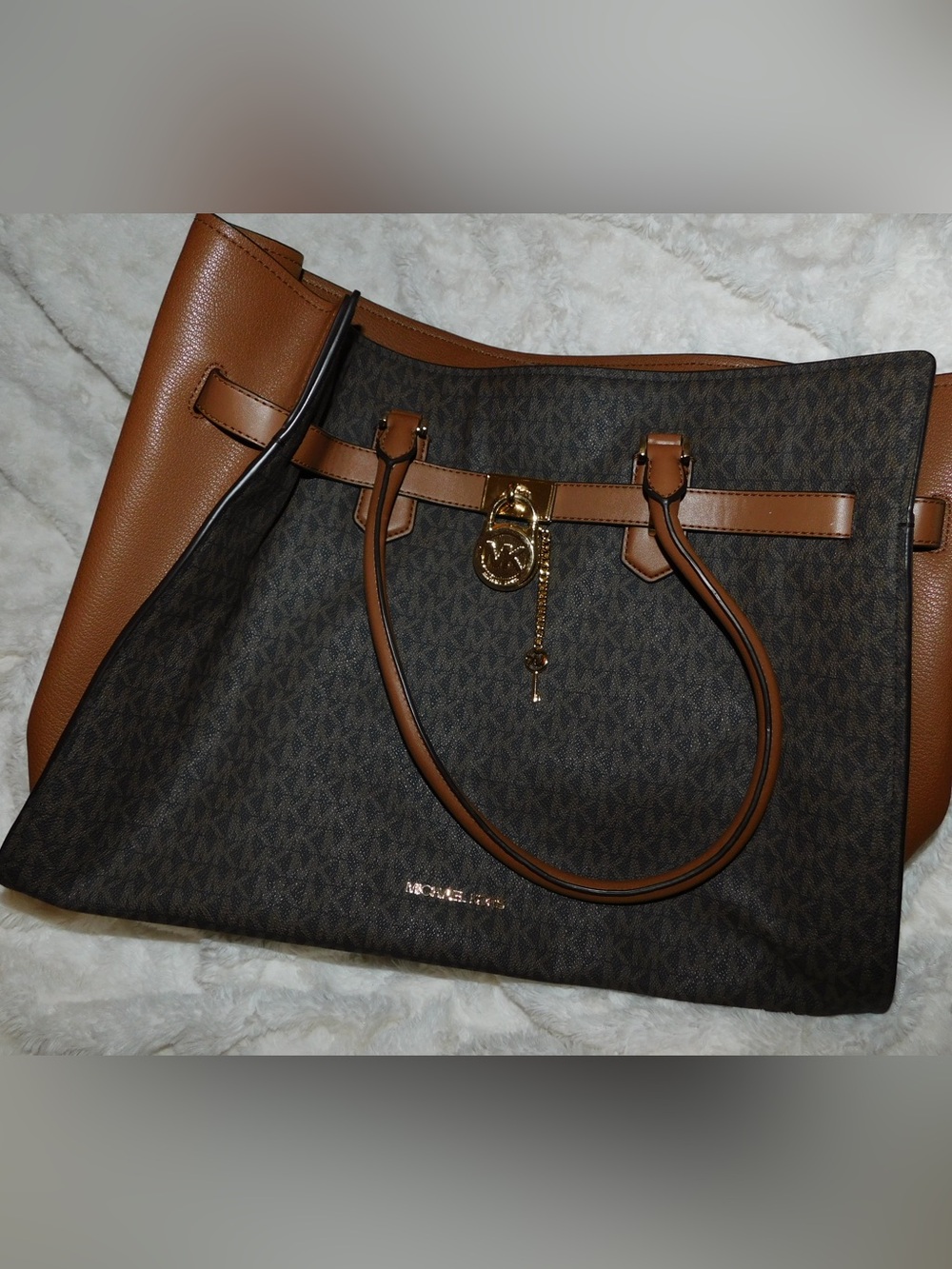 Michael Kors Brown and Tan Signature Tote with MK Charm